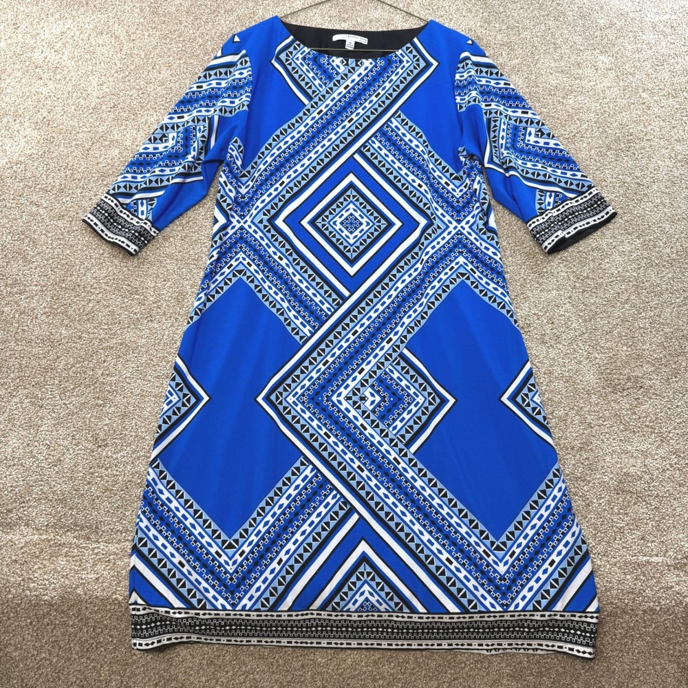 Studio One New York Blue Geometric Diamond 3/4 Sleeve Shift Dress Medium Modest